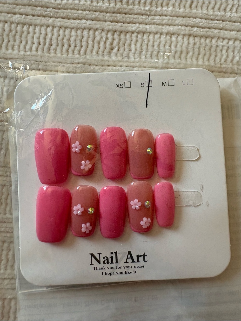 Pink Press-On Nail Set with Floral Accents Size Small